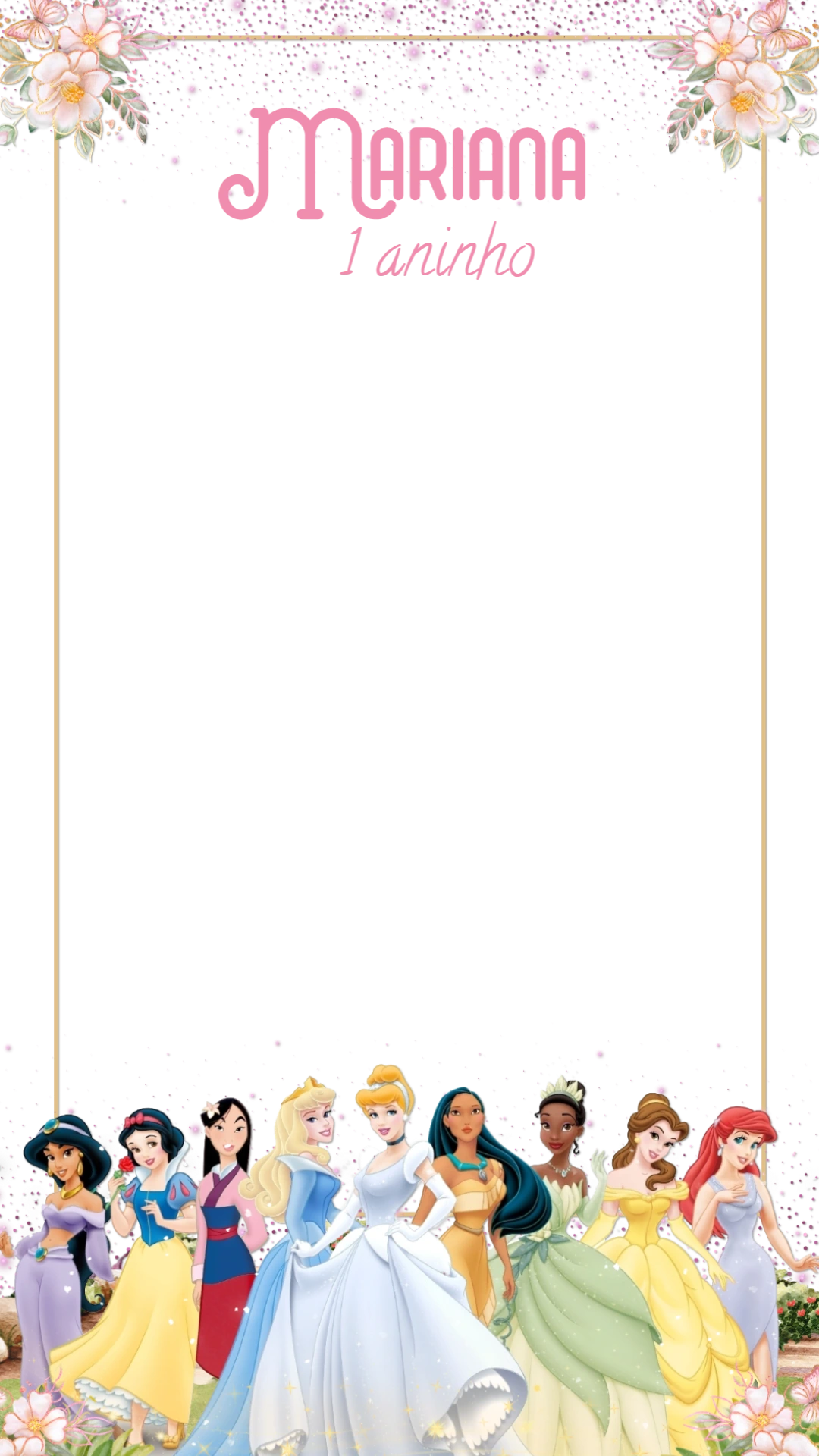 Moldura de Aniversário Princesas Disney para Stories Editável