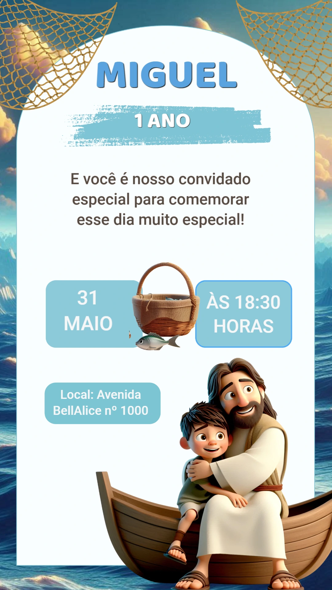 Convite de Aniversário Infantil Jesus Pescador de Homens Editável