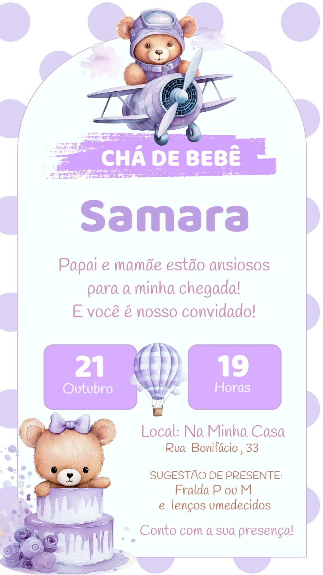 Convite Chá de Bebê Ursinha Aviadora para Editar Online