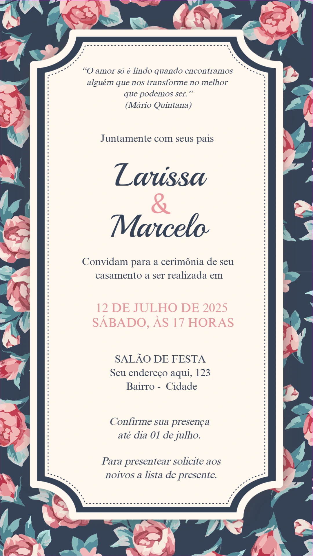 Convite de Casamento Floral Azul e Rosa para Editar Online