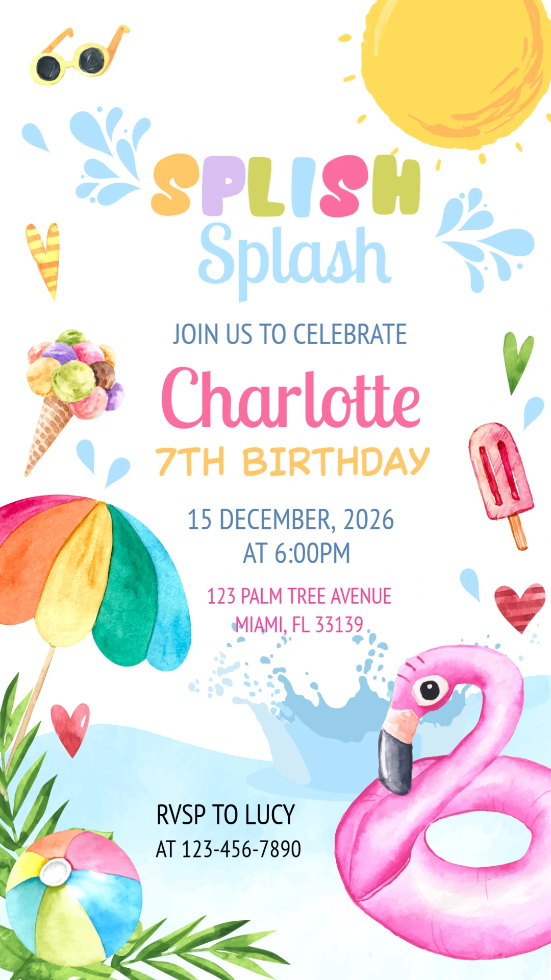 Editable Splish Splash Pool Party Birthday Invitation