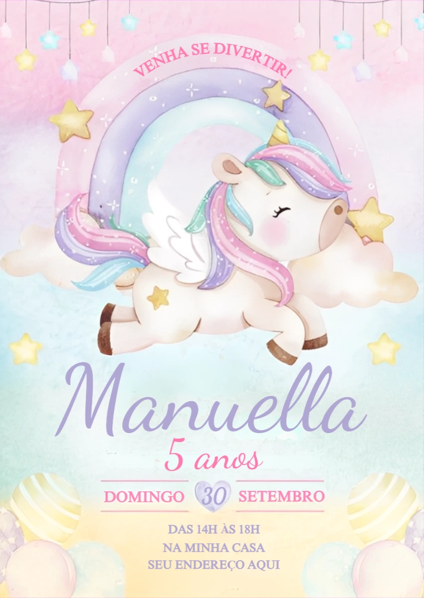 Convite de Aniversário Unicórnio Fofo para Editar Online