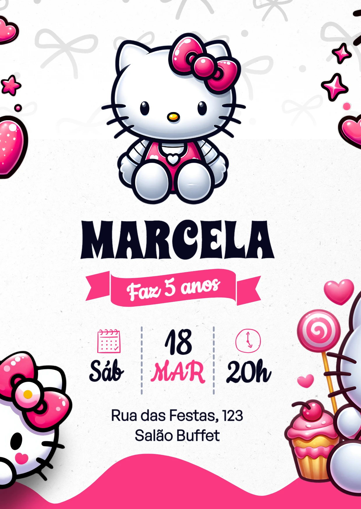 Convite de Aniversário Hello Kitty para Editar e Imprimir