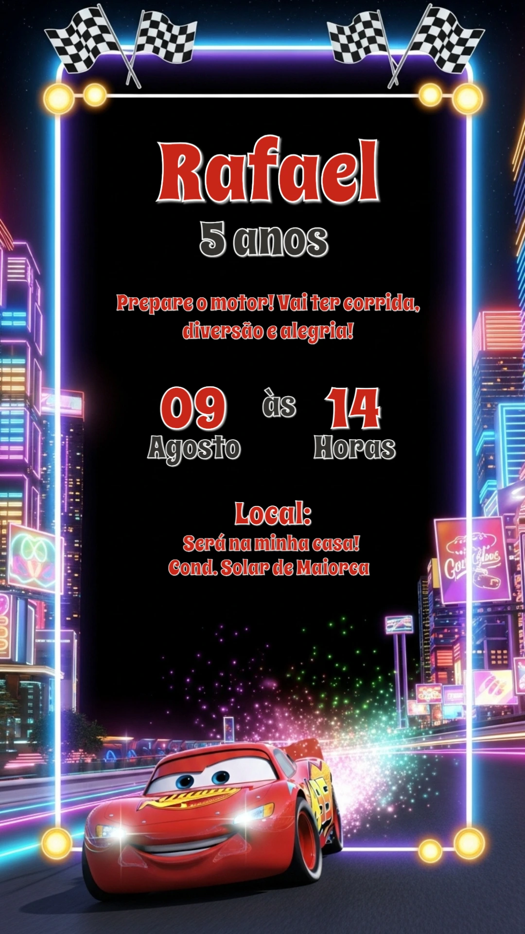 Convite de Aniversário Carros Neon para Editar Online