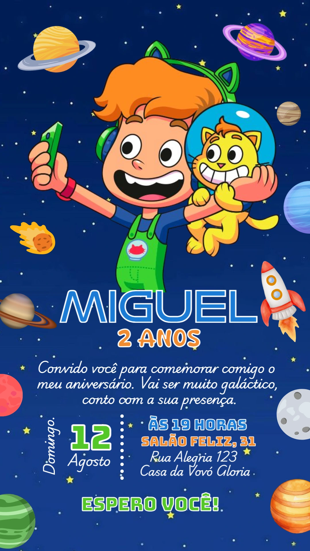 Convite Aniversário Gato Galático para Editar Online