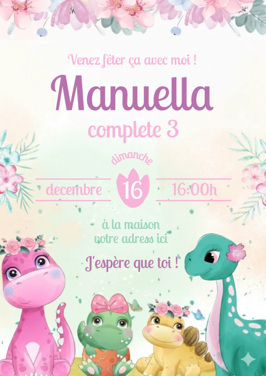 Invitation Anniversaire Fille Dinosaures Mignons Modèle à Modifier