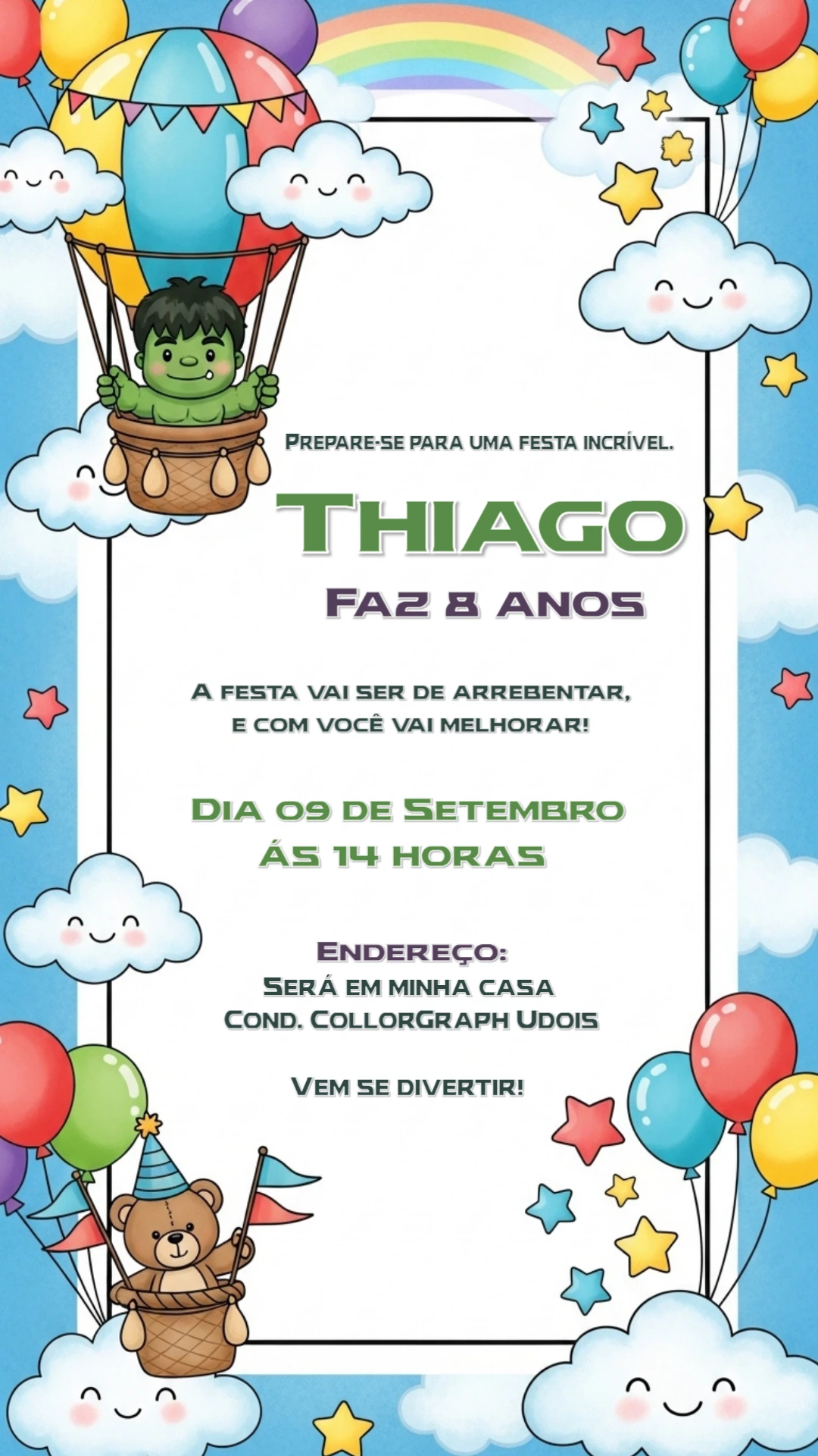 Convite Aniversário Hulk no Balão para Editar Online
