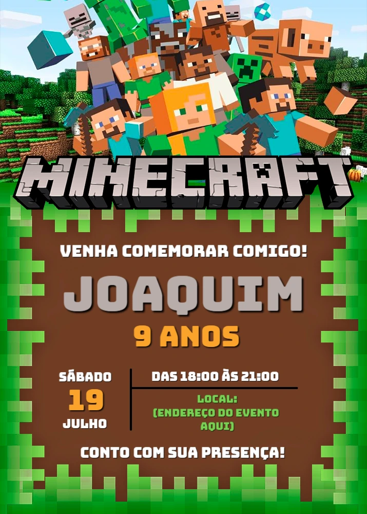Convite Aniversário Minecraft com Personagens para Editar