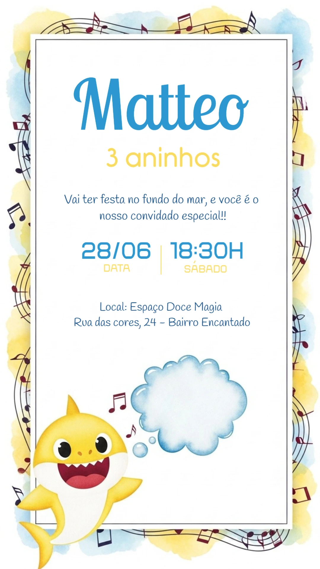 Convite de Aniversário Baby Shark para Editar Online