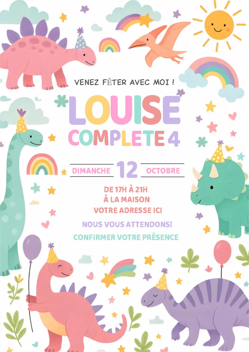 Invitation Anniversaire Dinosaures Fille à Modifier en Ligne