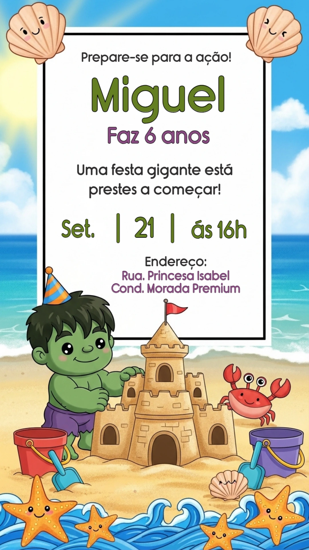 Convite Aniversário Hulk Baby na Praia para Editar Online