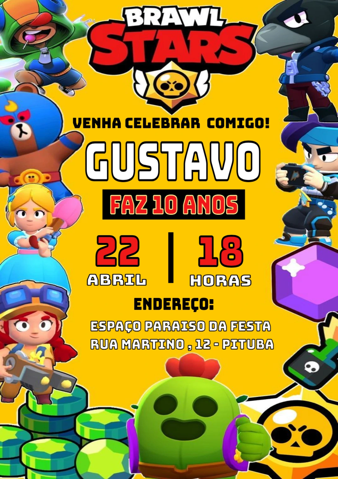 Convite de Aniversário Brawl Stars com Personagens para Editar