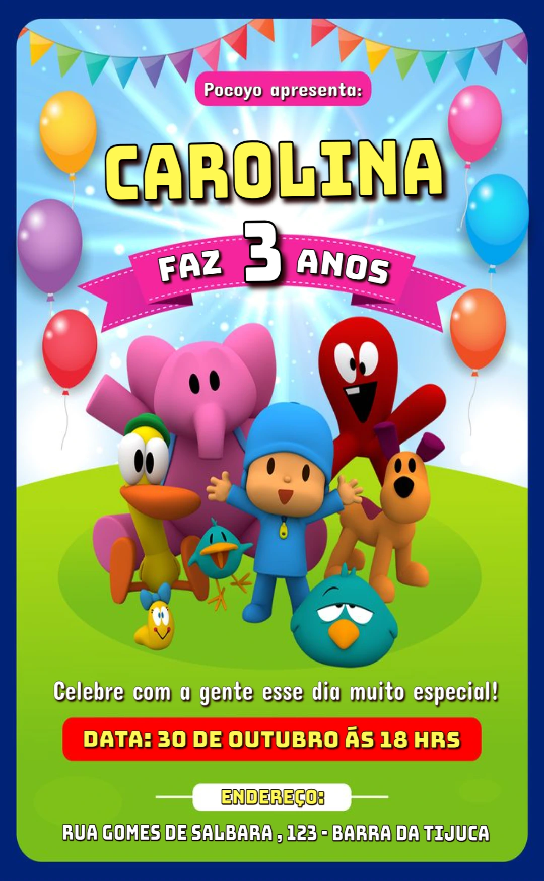 Convite de Aniversário Pocoyo para Editar e Imprimir