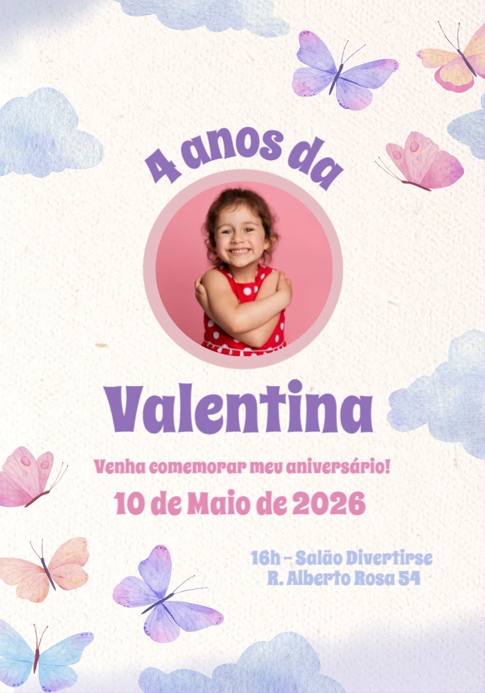 Convite de Aniversário Borboletas com Foto para Editar Online