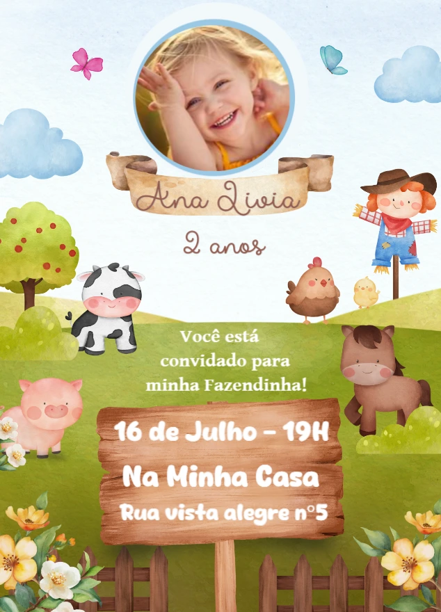Convite Aniversário Fazendinha com Foto para Editar Online