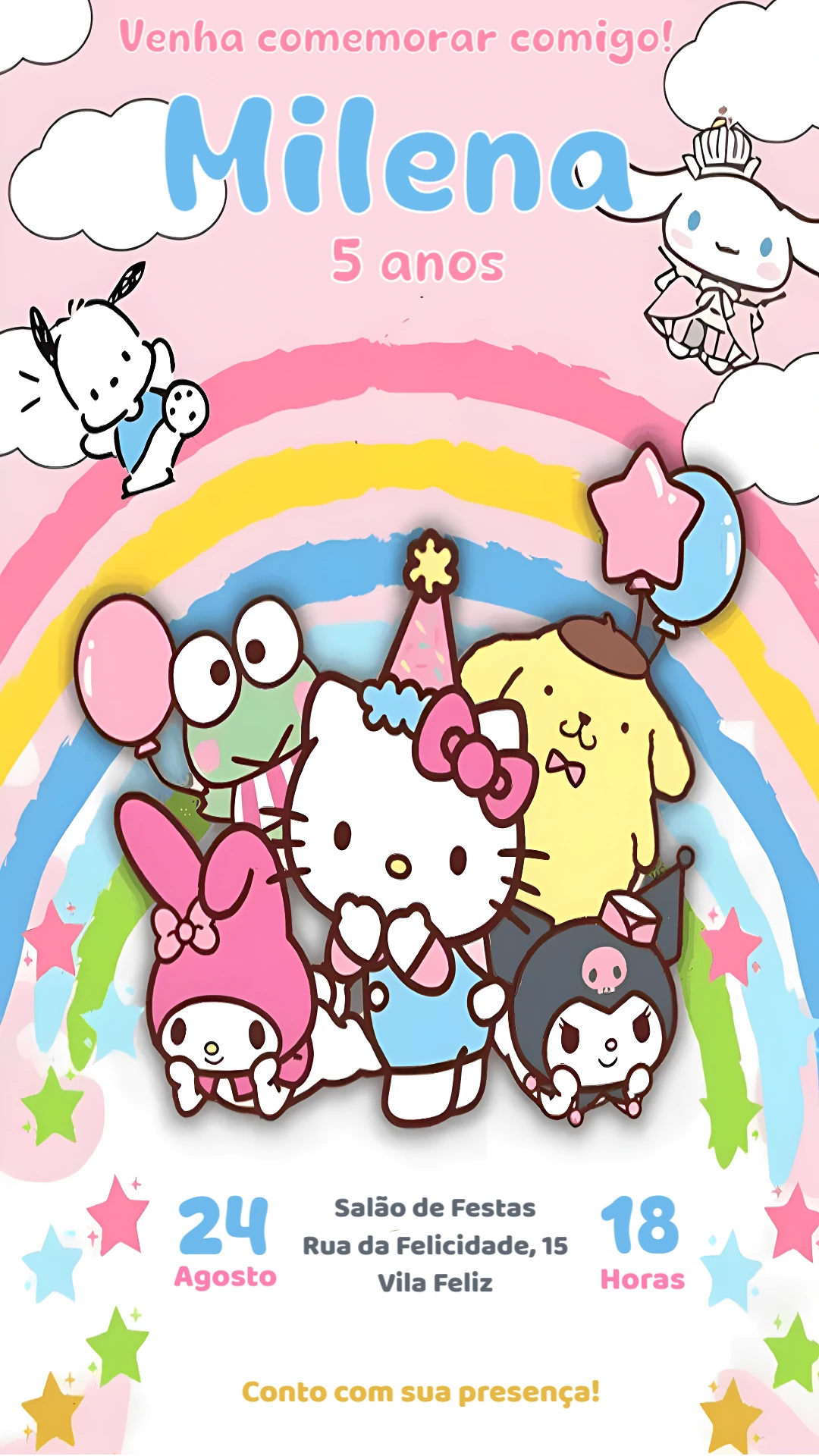 Convite de Aniversário Hello Kitty e Turma para Editar Online