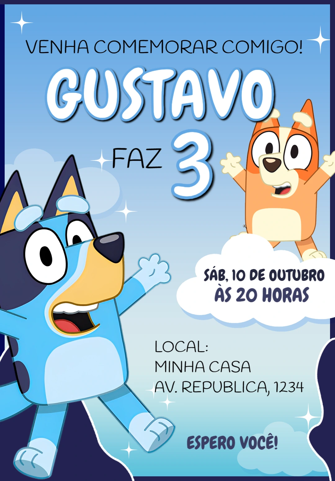 Convite de Aniversário Bluey e Bingo para Editar Online