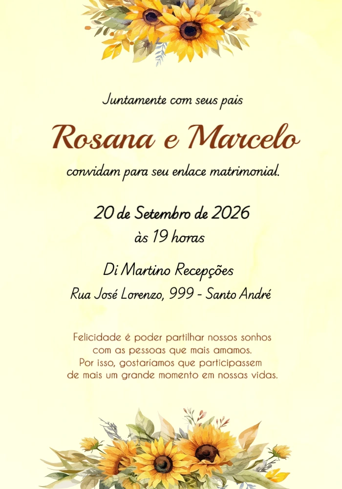 Convite de Casamento com Girassol para Editar Online