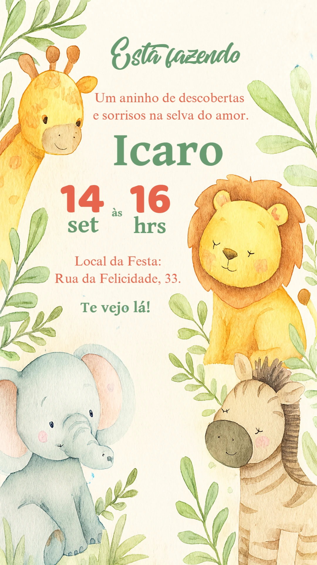 Convite Aniversário Safari Baby Aquarela para Editar Online