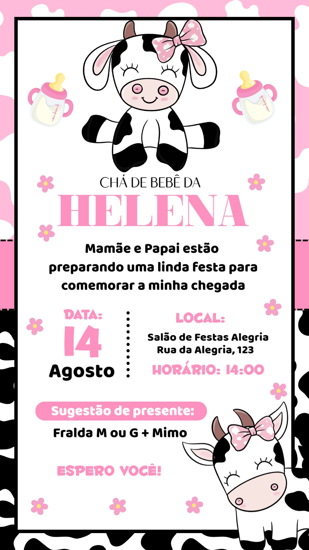 Convite Chá de Bebê Vaquinha Rosa para Editar Online