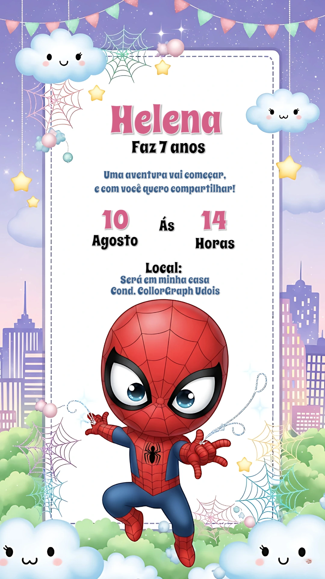 Convite Aniversário Homem Aranha Fofo para Editar Online