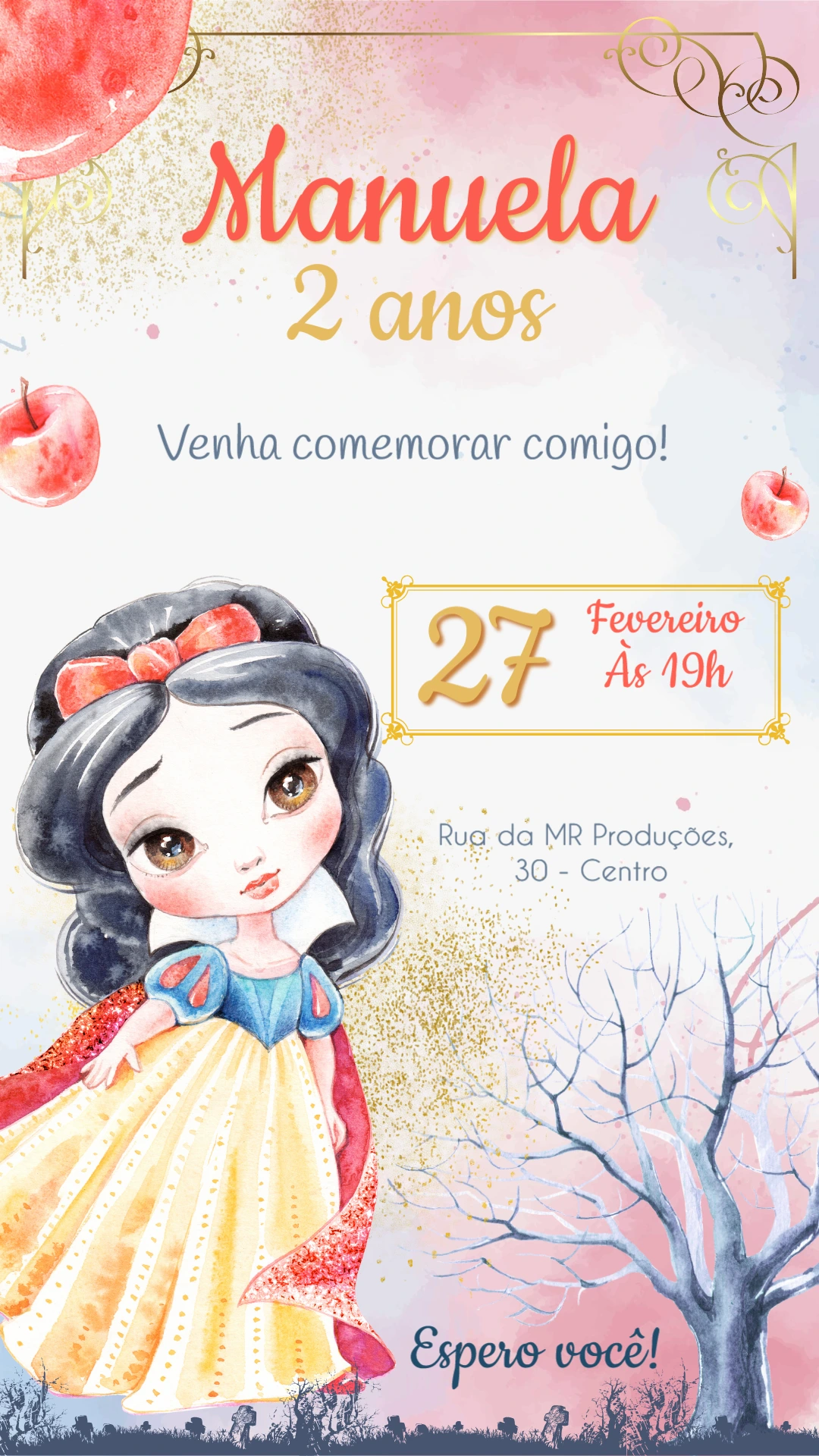 Convite de Aniversário Branca de Neve para Editar Online