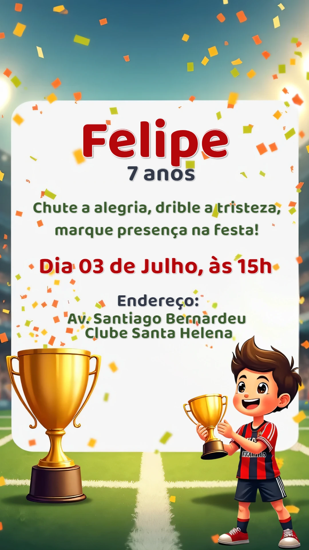 Convite de Aniversário Futebol com Campeão para Editar Online