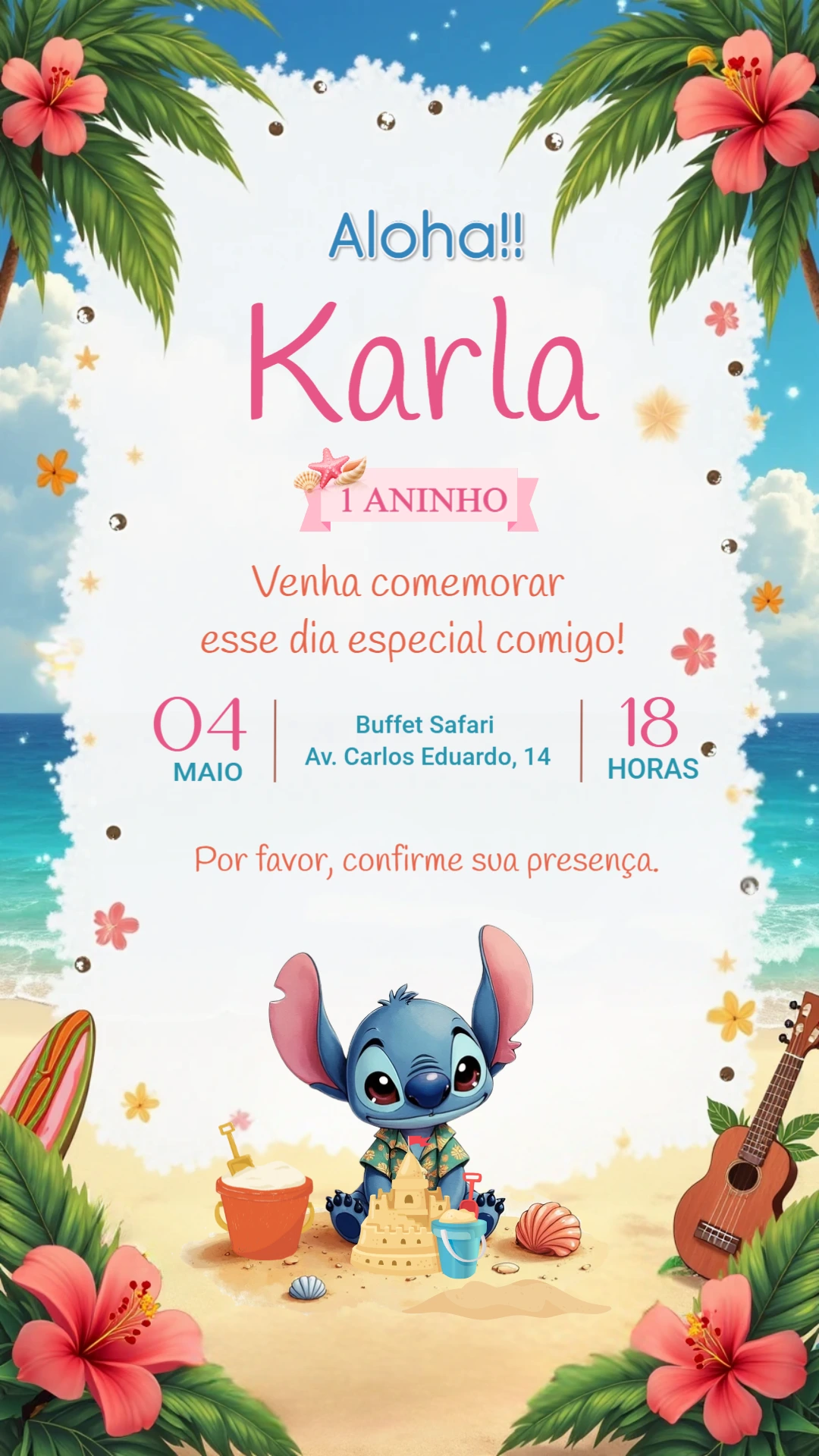 Convite de Aniversário Stitch Havaiano para Editar Online