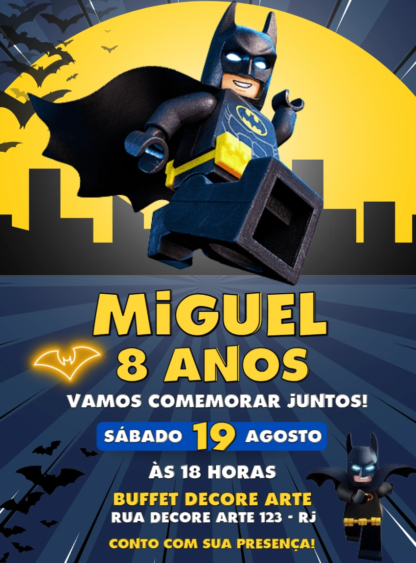 Convite de Aniversário Batman Lego para Editar Online