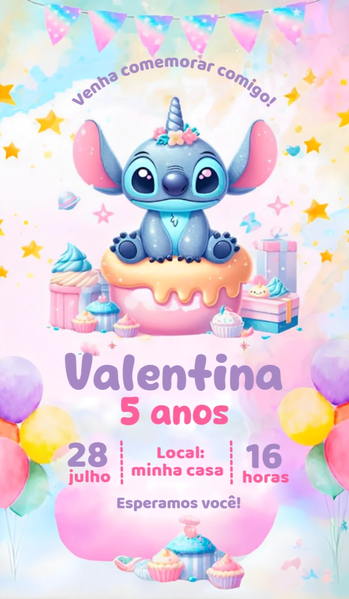 Convite Aniversário Stitch Unicórnio Fofo para Editar Online