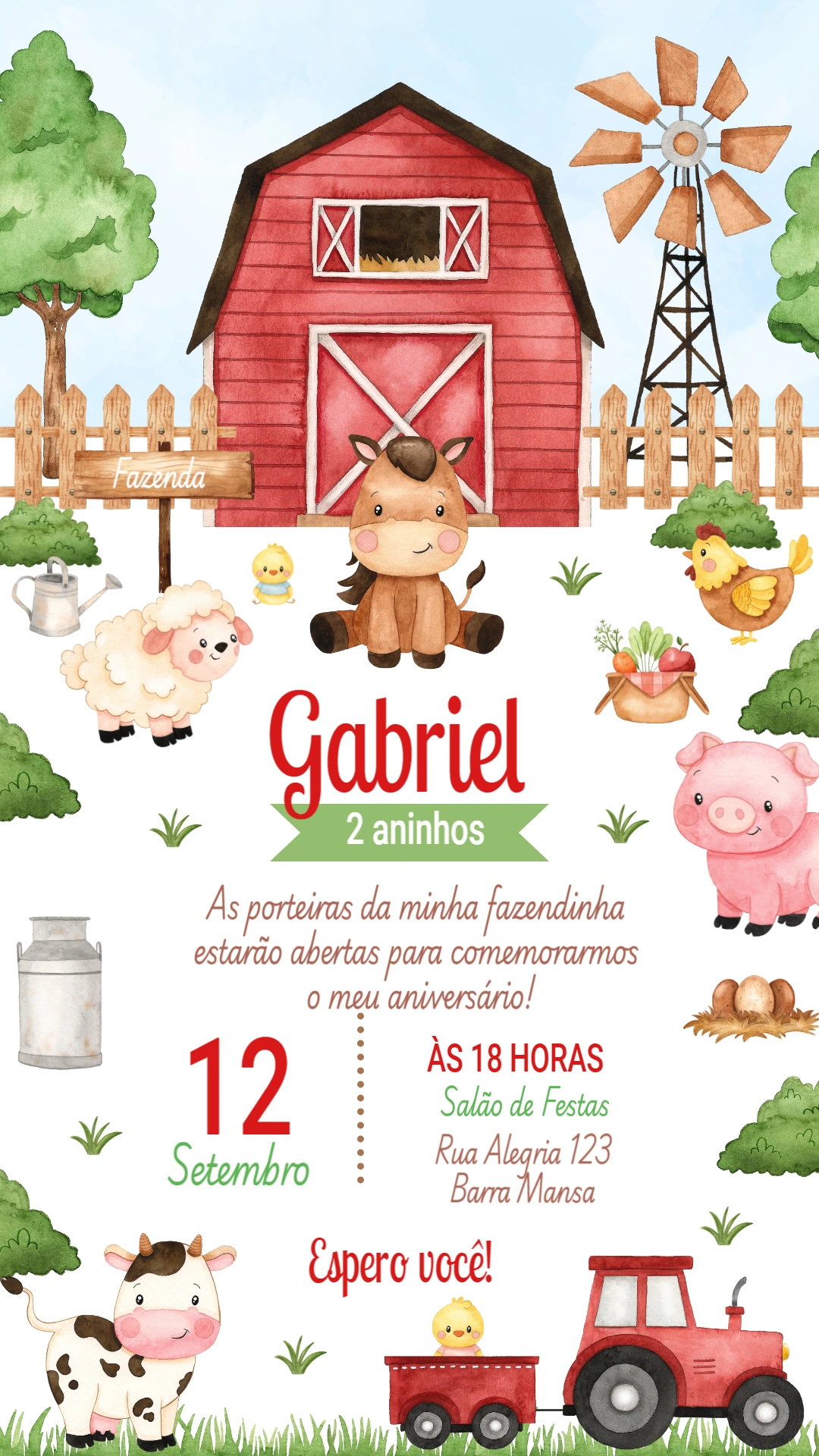 Convite Aniversário Fazendinha com Animais para Editar Online