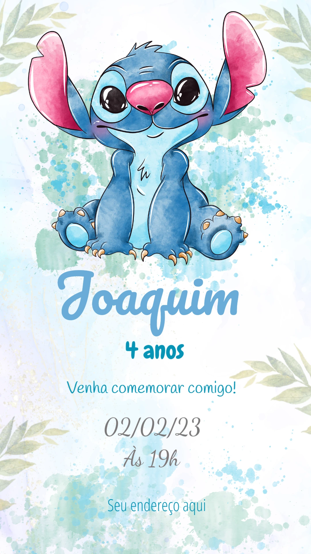 Convite Aniversário Stitch Fofo para Editar Online