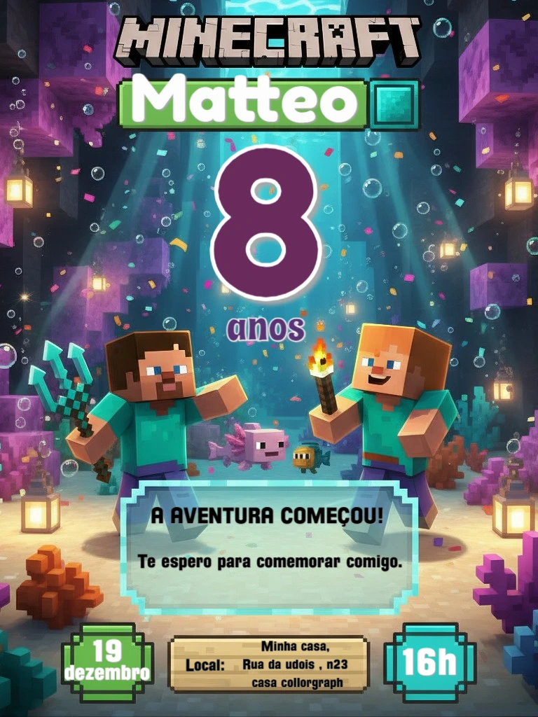 Convite de Aniversário Minecraft Fundo do Mar para Editar Online