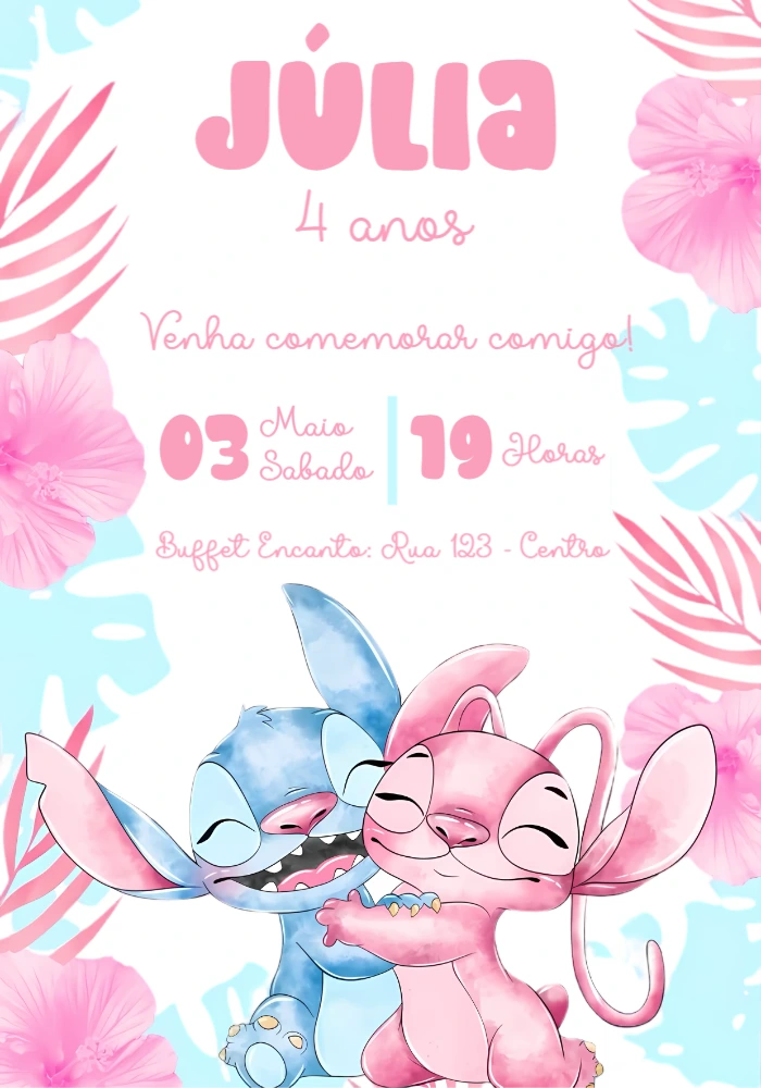 Convite Aniversário Stitch e Angel para Editar Online