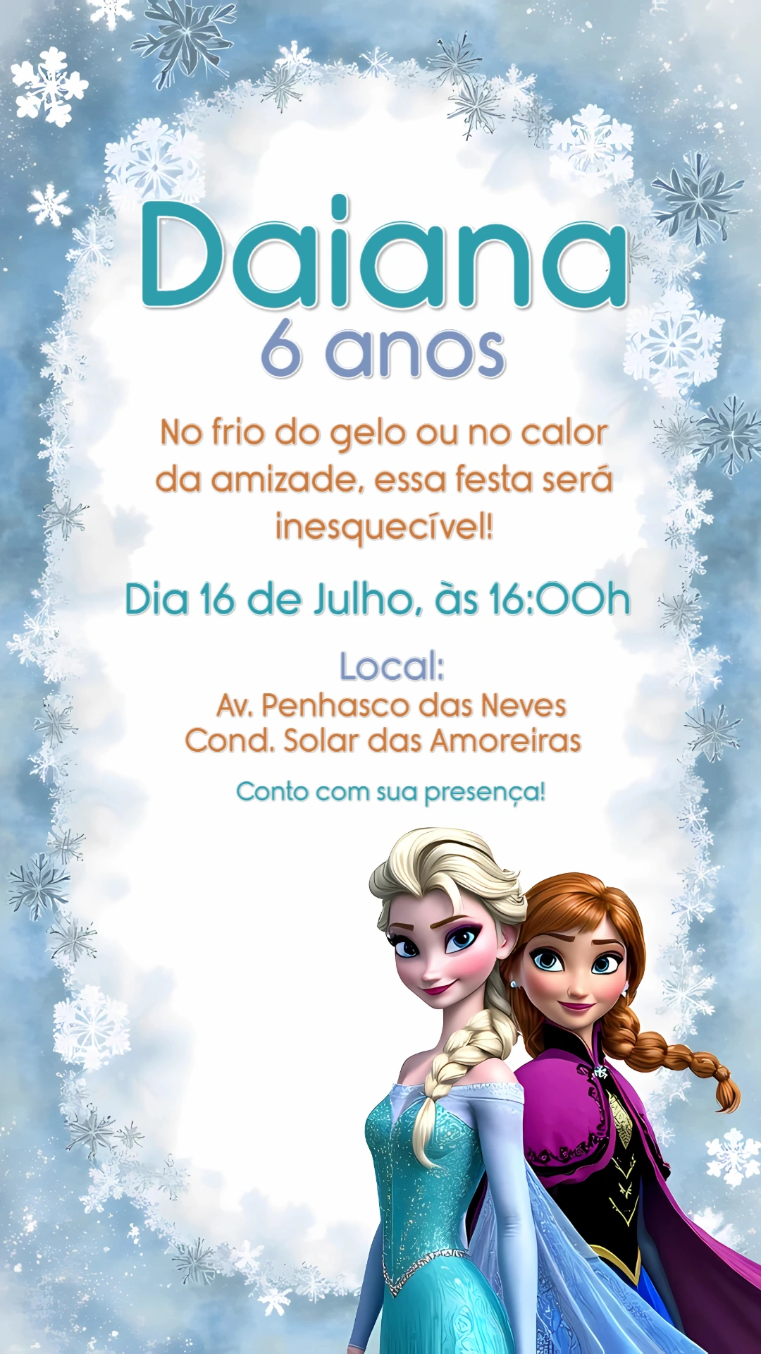 Convite Aniversário Frozen com Elsa e Anna para Editar Online