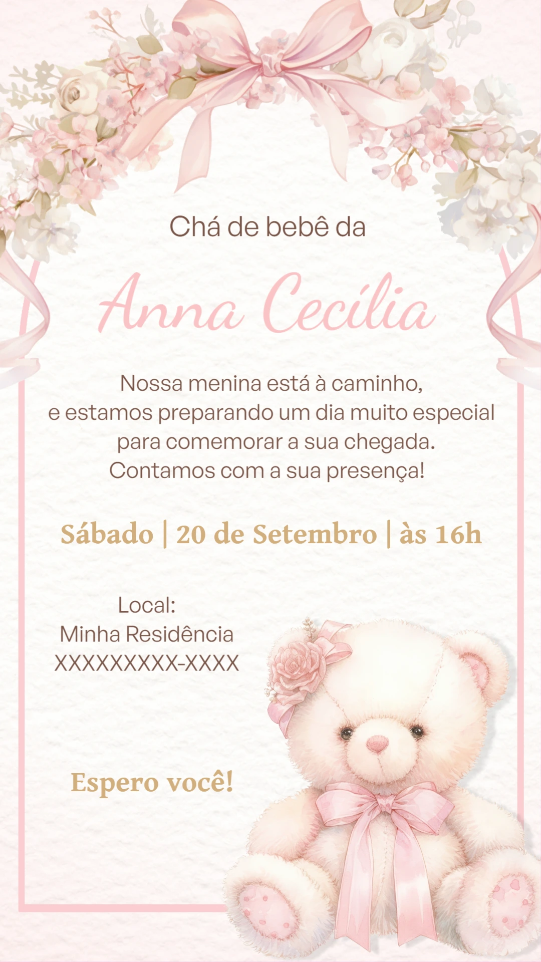 Convite Chá de Bebê Ursinha com Flores para Editar Online