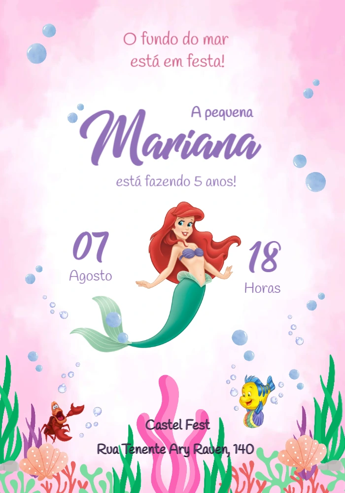 Convite de Aniversário Pequena Sereia para Editar Online
