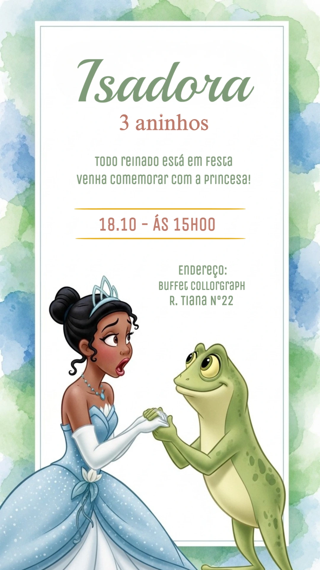 Convite Aniversário Princesa e o Sapo para Editar Online