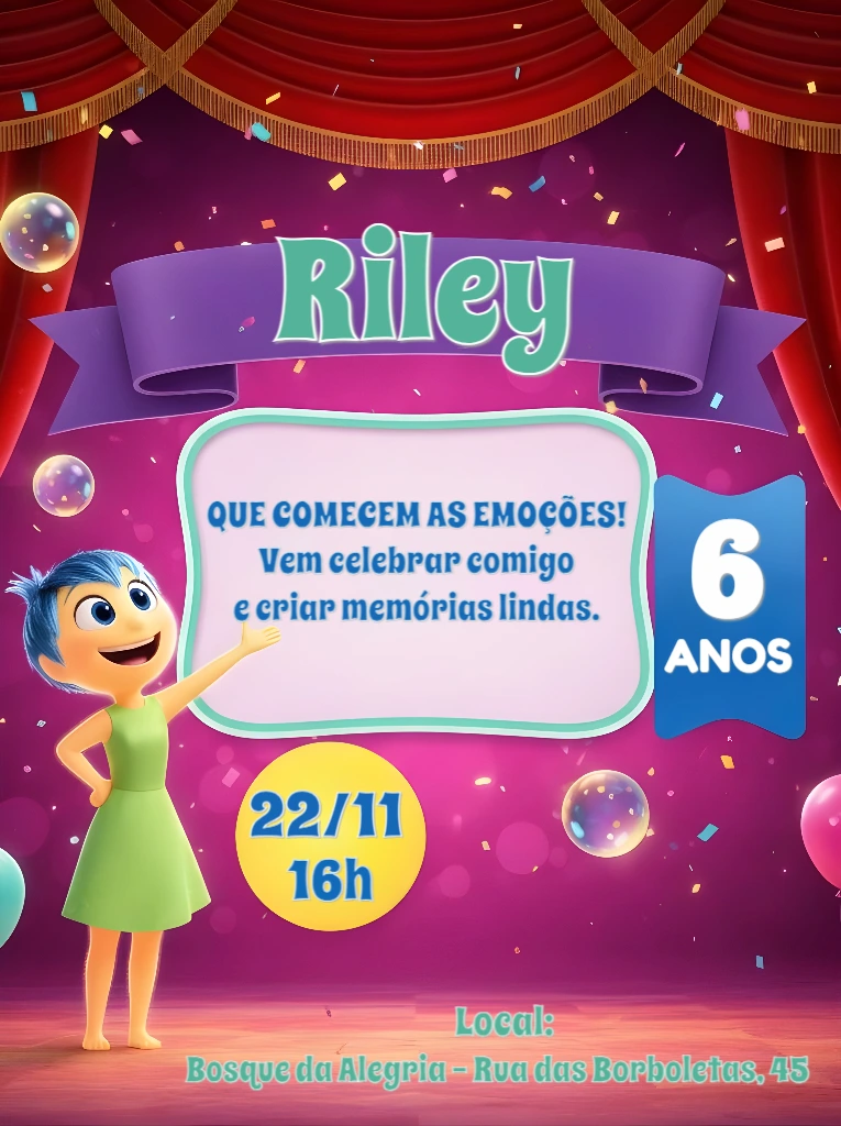 Convite Aniversário Divertida Mente 2 para Editar Online