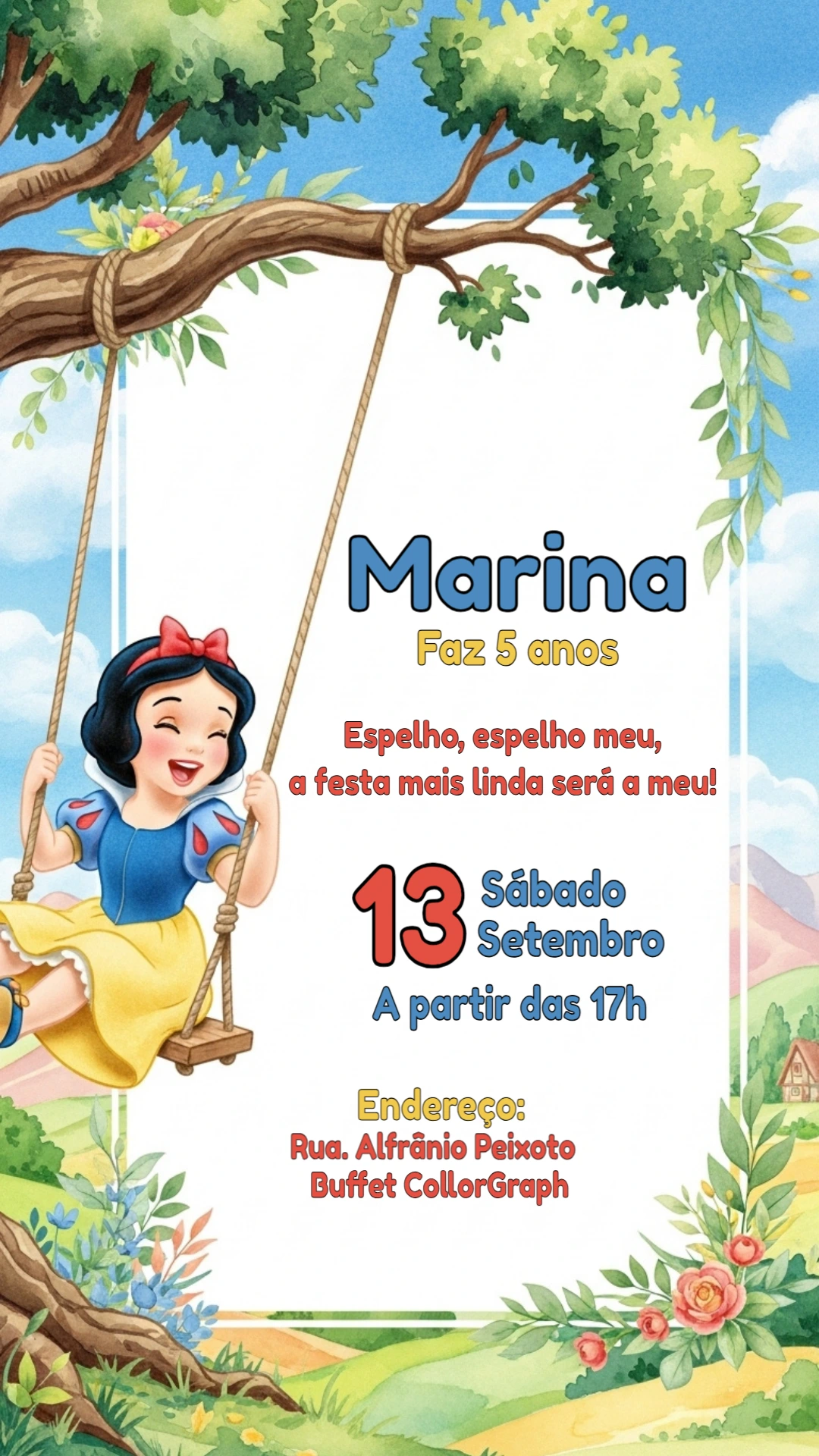 Convite de Aniversário Branca de Neve para Editar Online