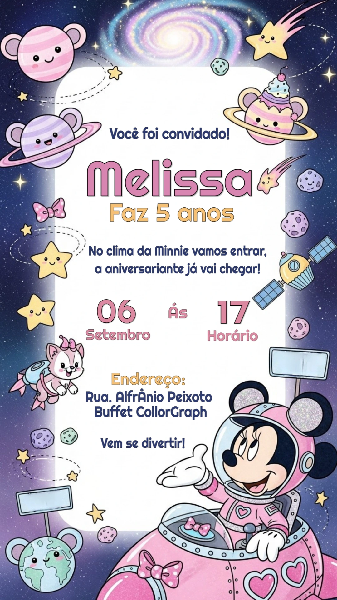 Convite Aniversário Minnie Astronauta para Editar Online