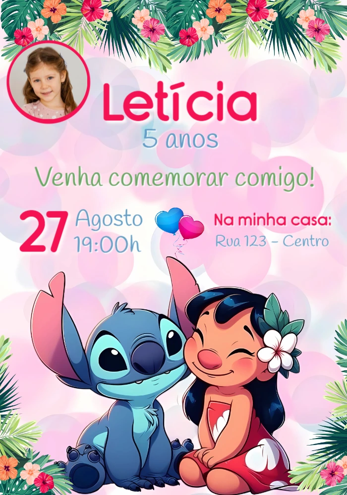Convite Aniversário Lilo e Stitch com Foto para Editar Online