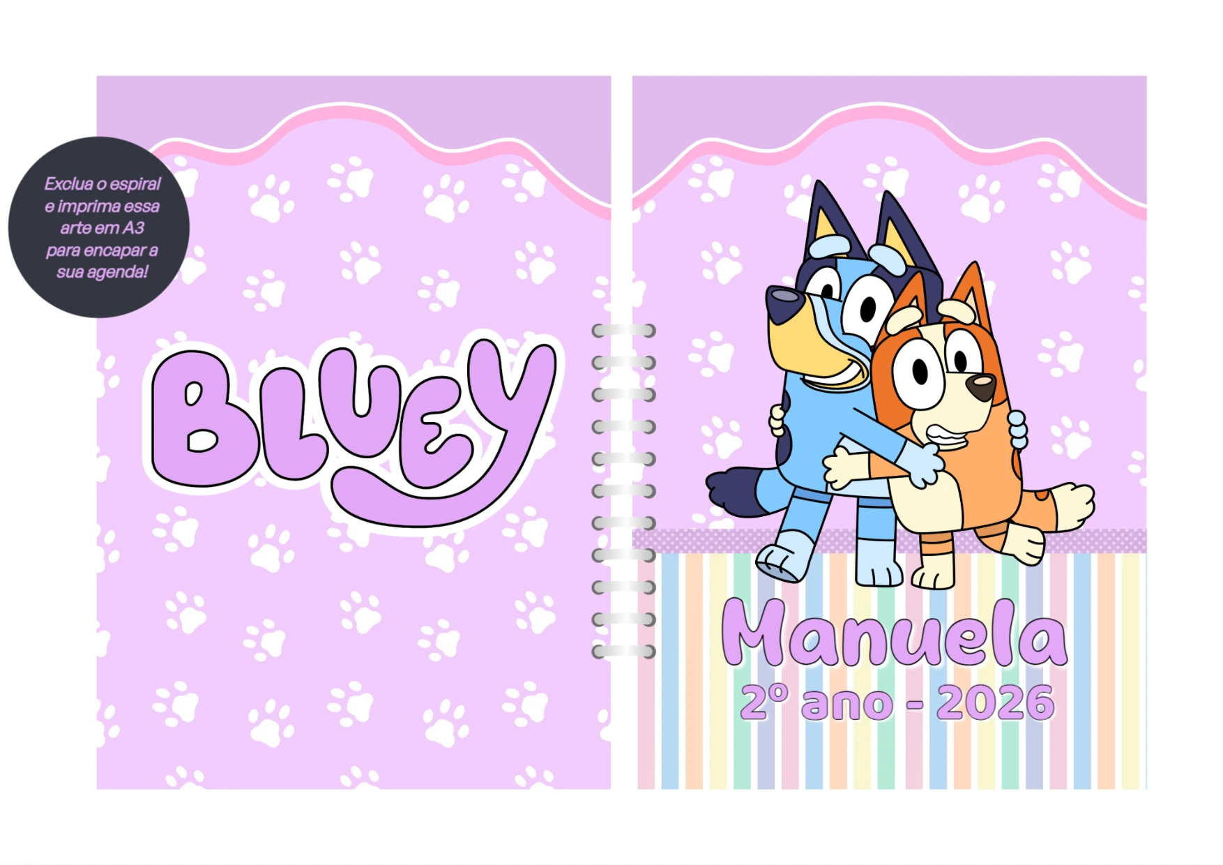 Capa de Agenda Escolar Bluey e Bingo Editável Online