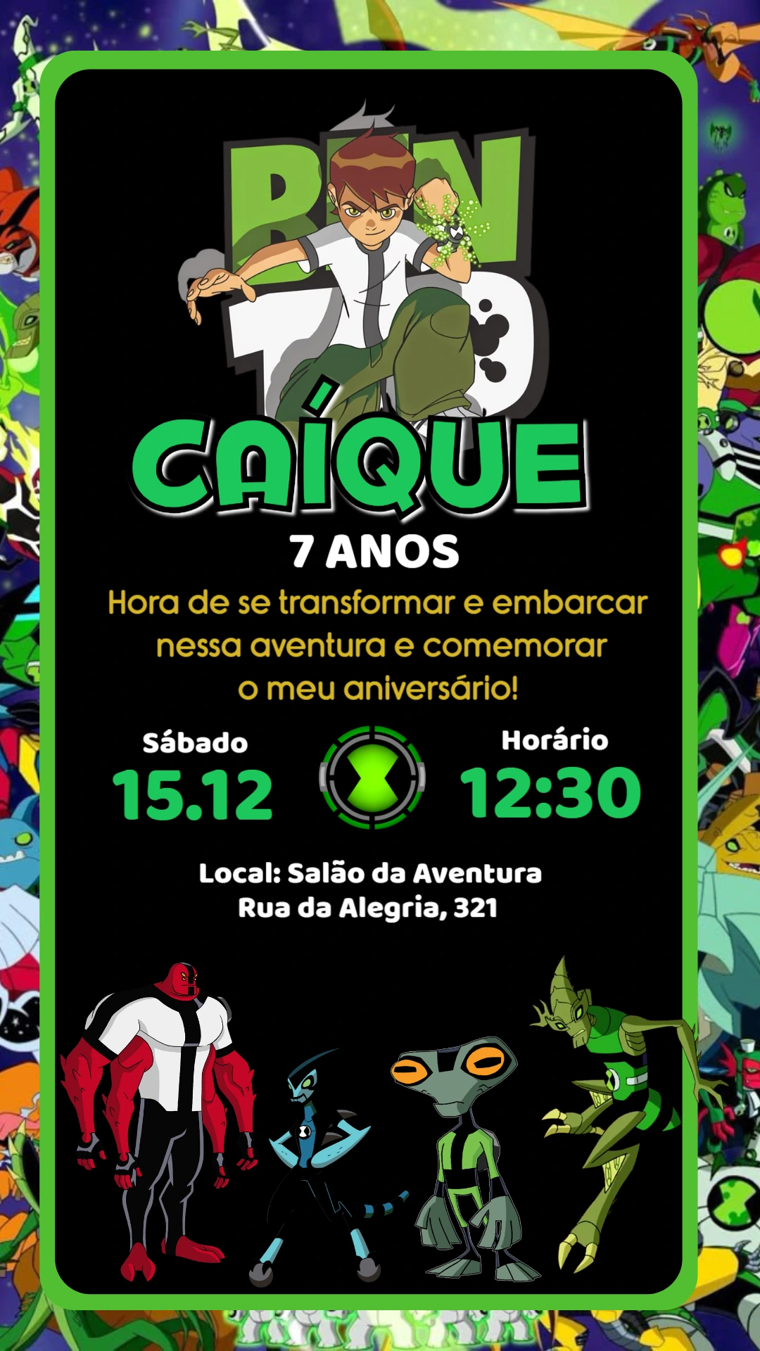 Convite de Aniversário Ben 10 com Alienígenas para Editar