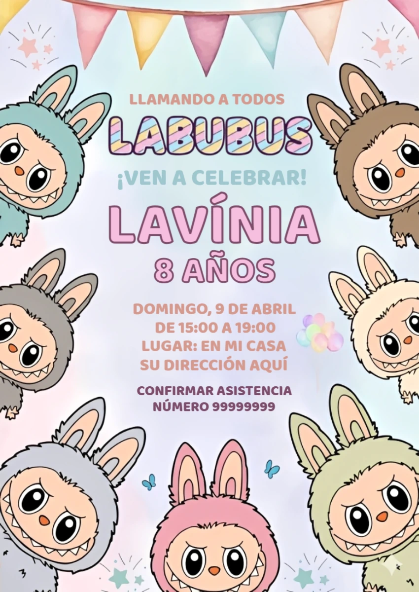 Invitación de Cumpleaños Labubus Colorida para Editar