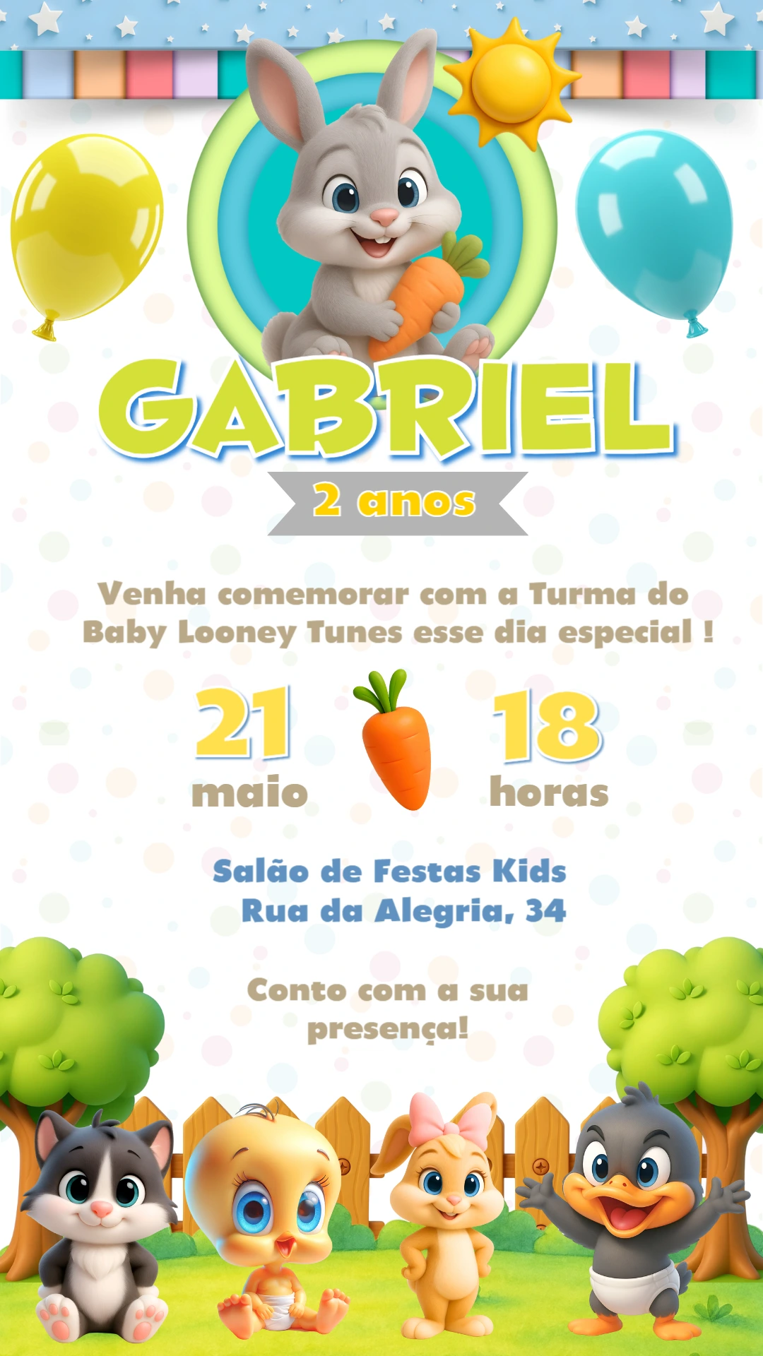 Convite Aniversário Baby Looney Tunes para Editar Online
