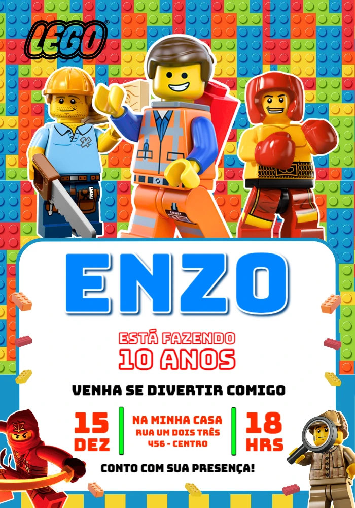 Convite de Aniversário LEGO Colorido para Editar Online