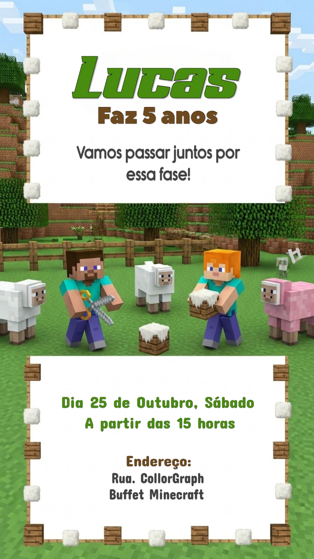Convite de Aniversário Minecraft com Personagens para Editar