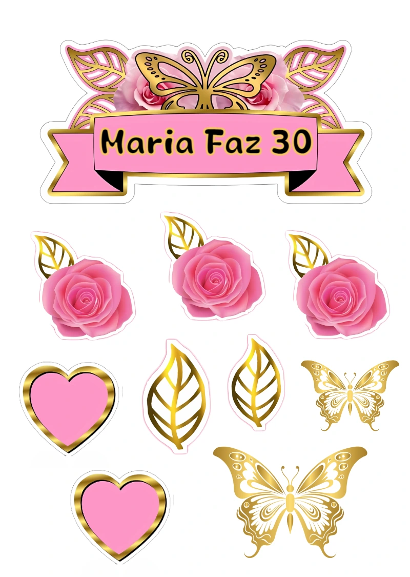 Topo de Bolo Rosas e Borboletas Douradas para Editar Online