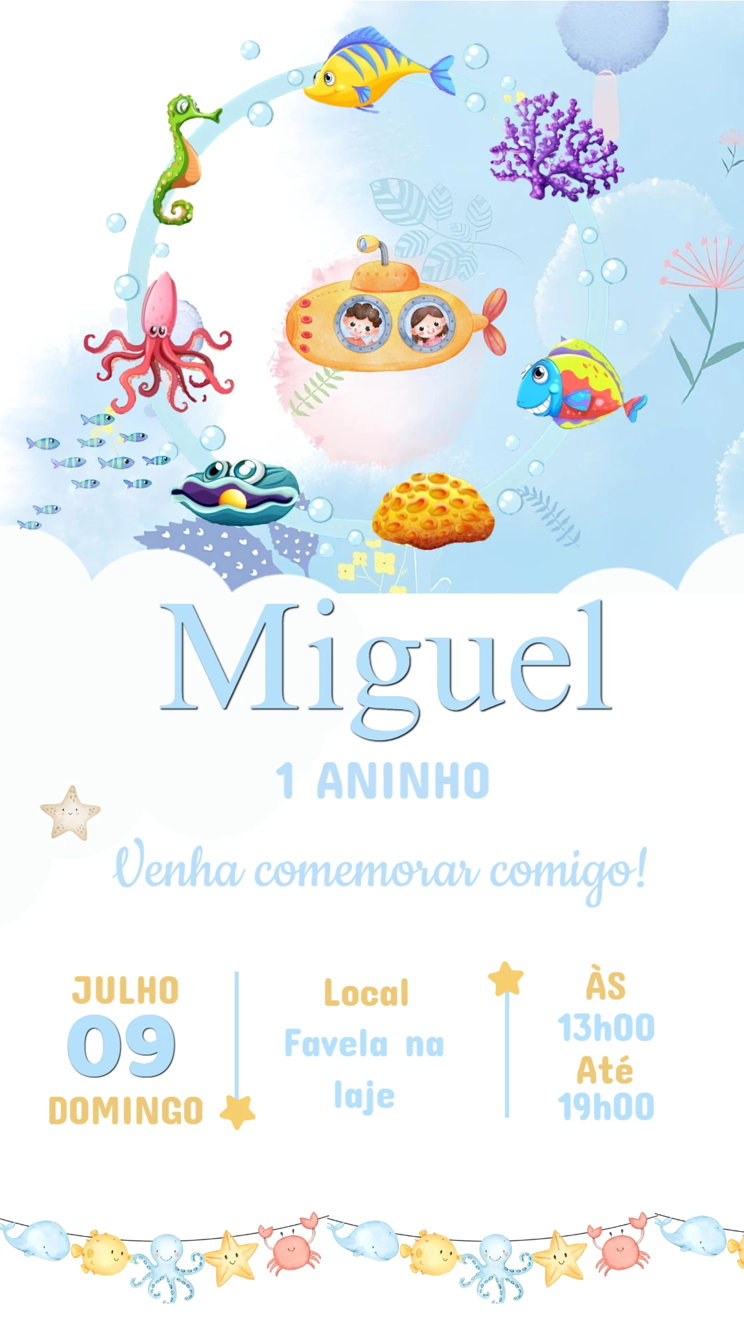 Convite Aniversário Fundo do Mar com Submarino para Editar